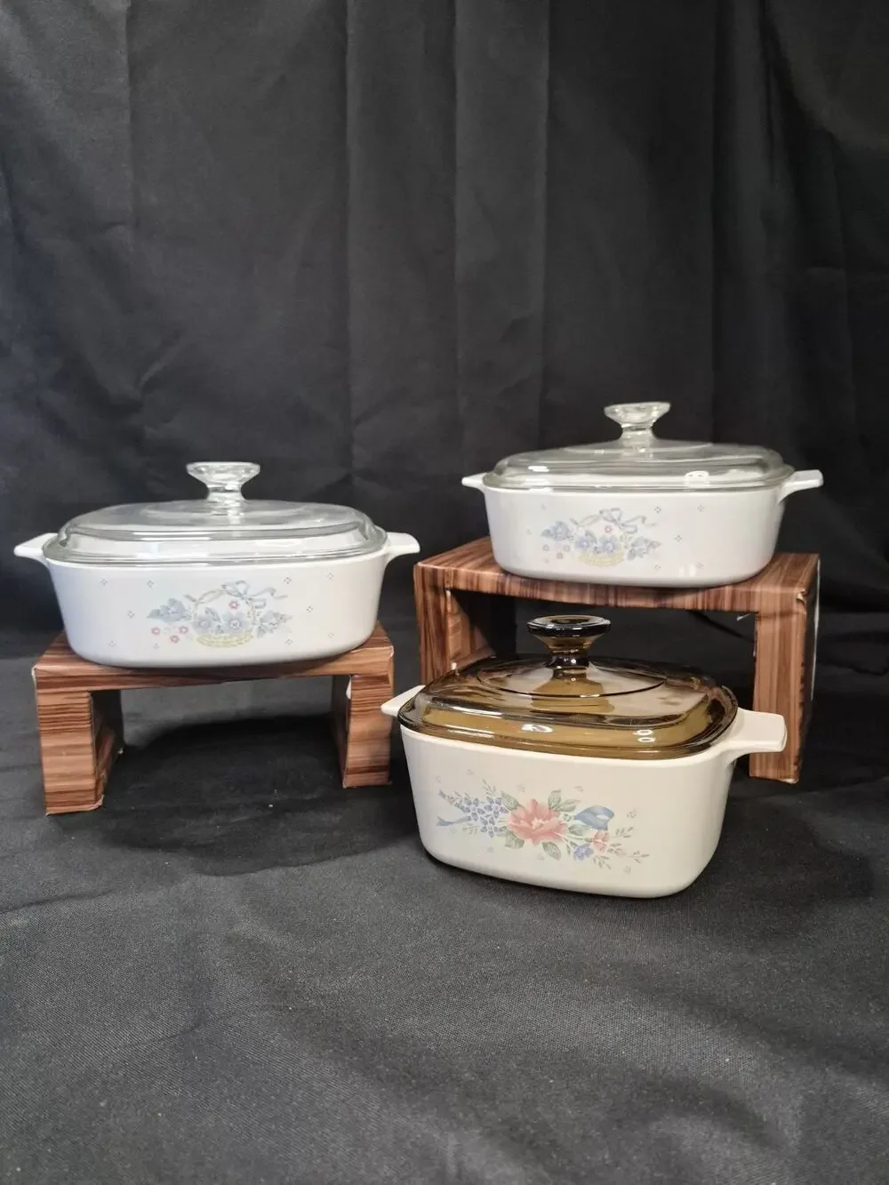 Corningware Set 3 Peice + Lids Pink Blue Symphony Flowers Baking Dishes Nice..